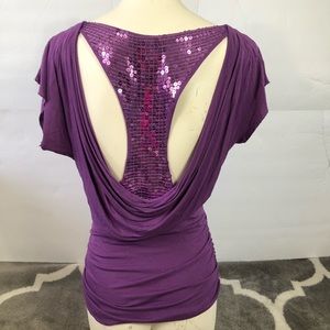 Crown of Hearts Blouse Womens Medium Purple Open Back Sequins Accent Rouching